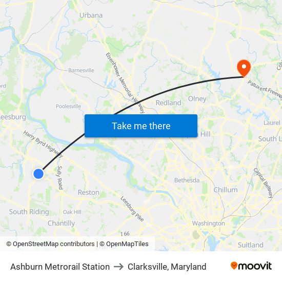 Ashburn Metrorail Station to Clarksville, Maryland map