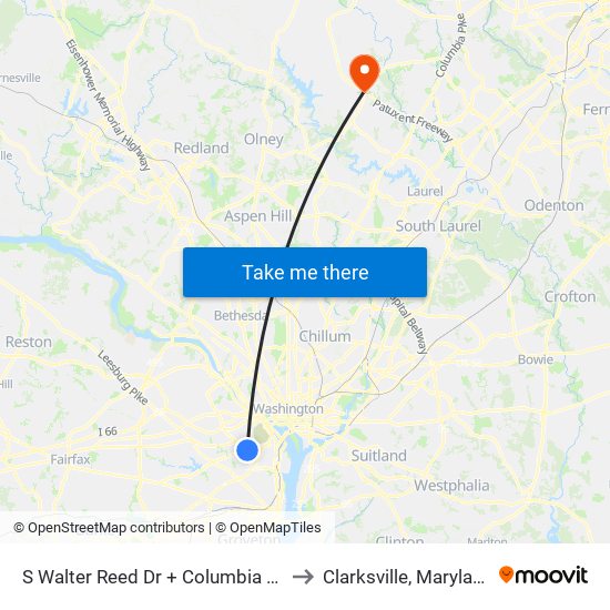 S Walter Reed Dr + Columbia Pk to Clarksville, Maryland map