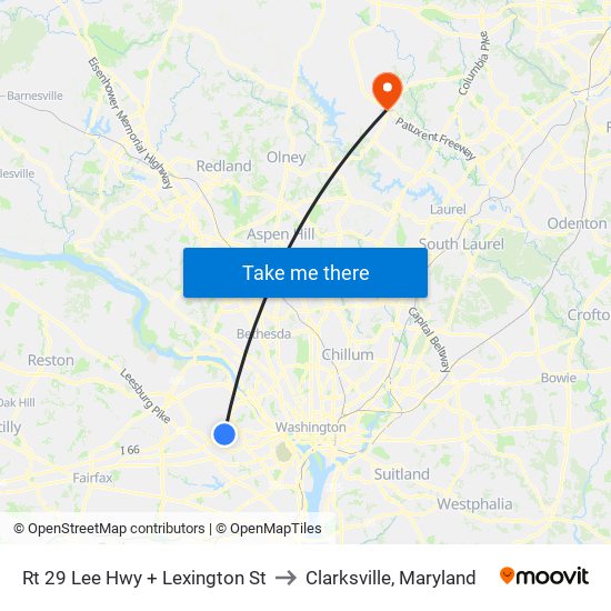 Rt 29 Lee Hwy + Lexington St to Clarksville, Maryland map