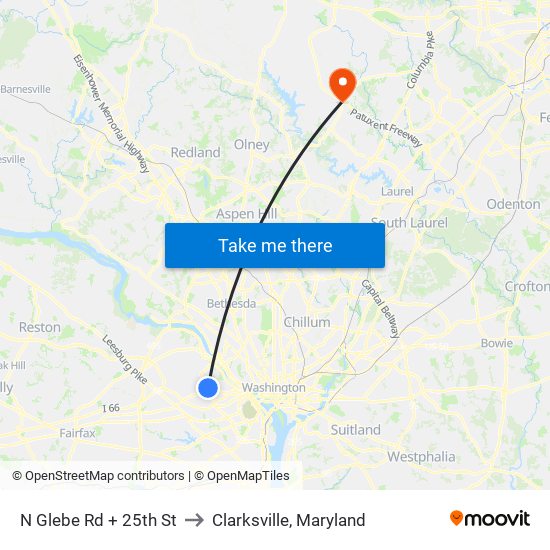 N Glebe Rd + 25th St to Clarksville, Maryland map