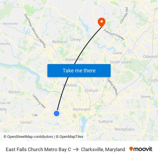 East Falls Church Metro Bay C to Clarksville, Maryland map