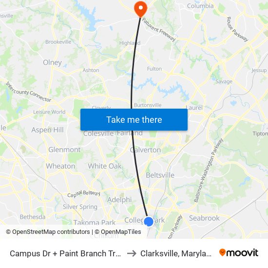 Campus Dr + Paint Branch Trail to Clarksville, Maryland map