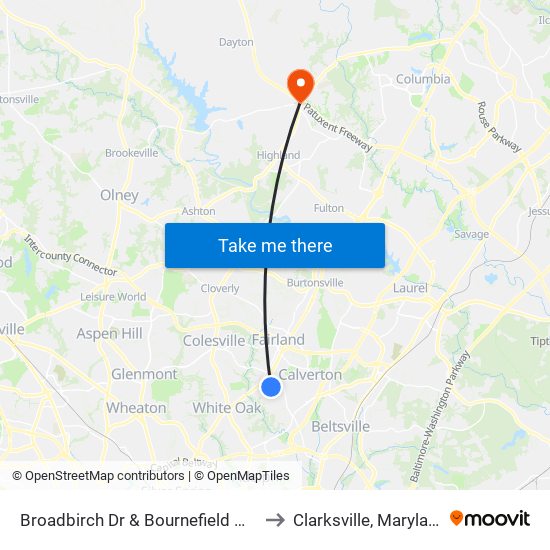 Broadbirch Dr & Bournefield Way to Clarksville, Maryland map