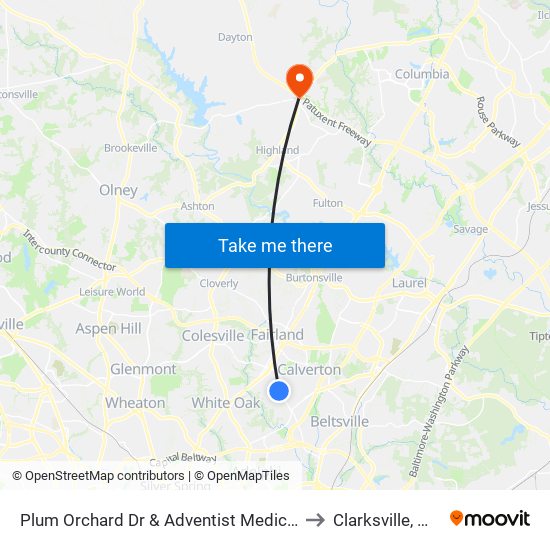 Plum Orchard Dr & Adventist Medical Cen White Oak to Clarksville, Maryland map