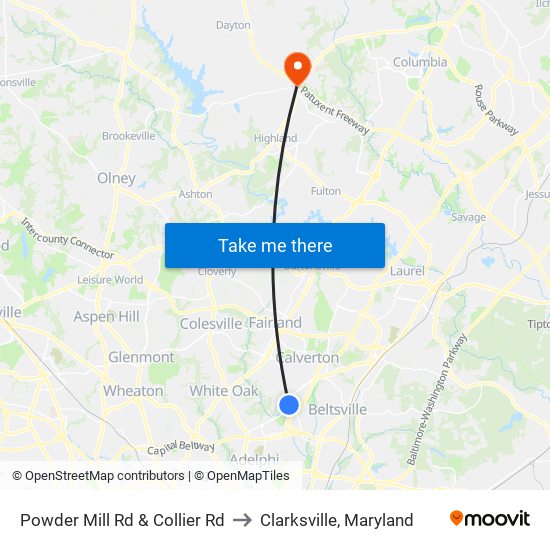 Powder Mill Rd & Collier Rd to Clarksville, Maryland map