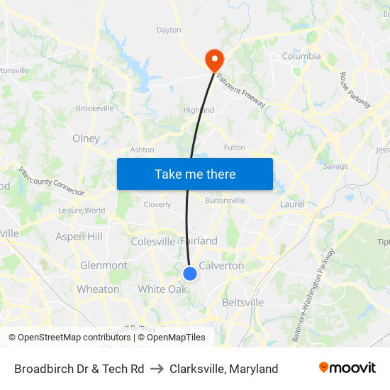 Broadbirch Dr & Tech Rd to Clarksville, Maryland map