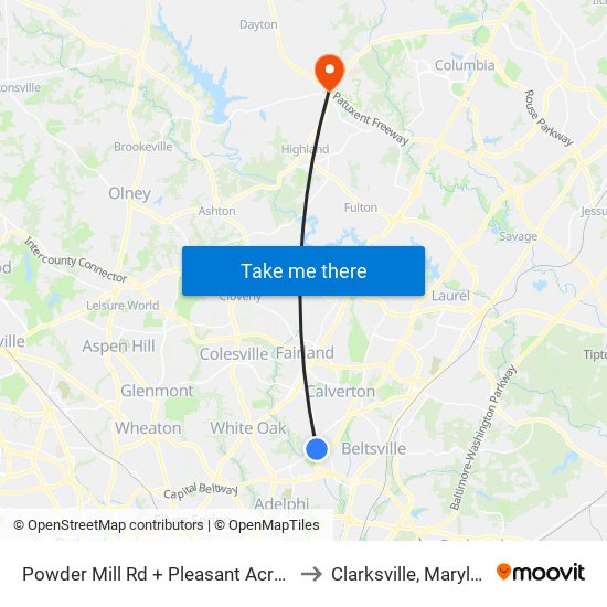 Powder Mill Rd + Pleasant Acres Dr to Clarksville, Maryland map