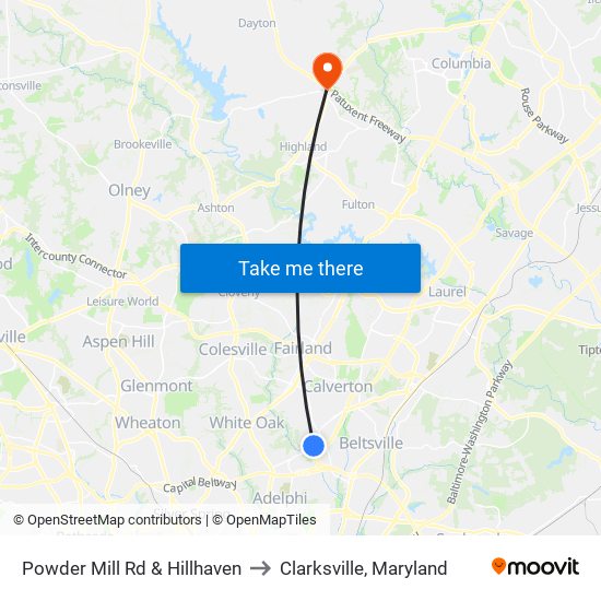 Powder Mill Rd & Hillhaven to Clarksville, Maryland map