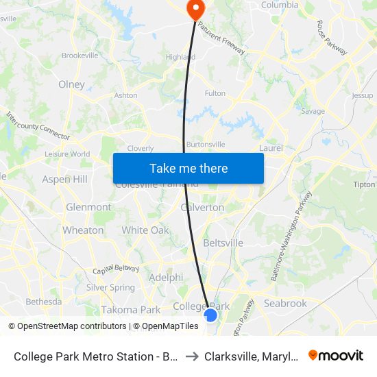 College Park Metro Station - Bay D to Clarksville, Maryland map