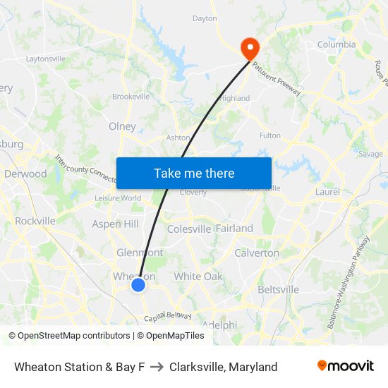 Wheaton Station & Bay F to Clarksville, Maryland map