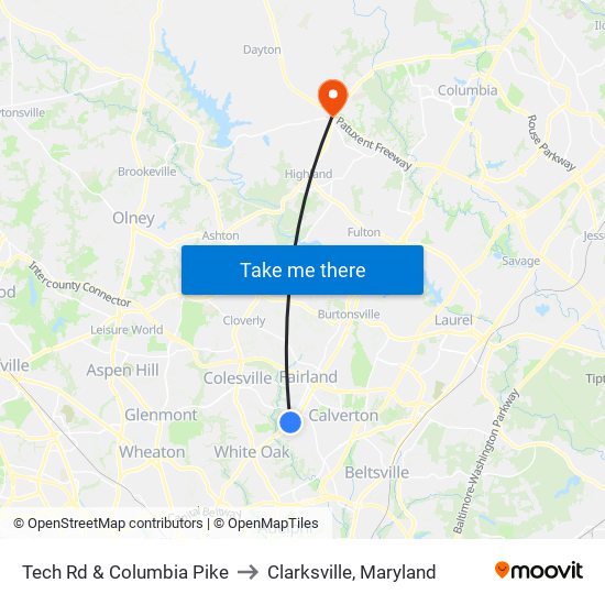 Tech Rd & Columbia Pike to Clarksville, Maryland map