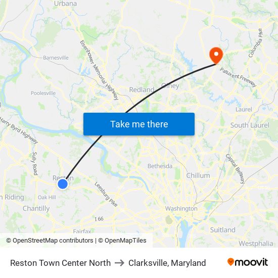 Reston Town Center North to Clarksville, Maryland map