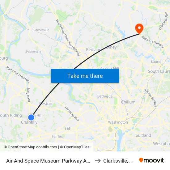 Air And Space Museum Parkway And Endeavor Drive to Clarksville, Maryland map