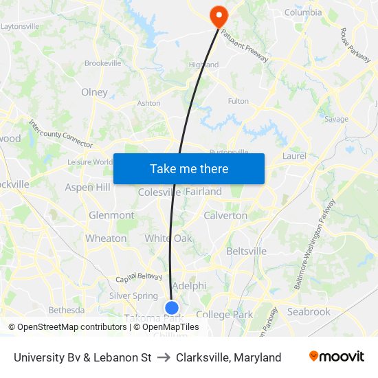 University Bv & Lebanon St to Clarksville, Maryland map