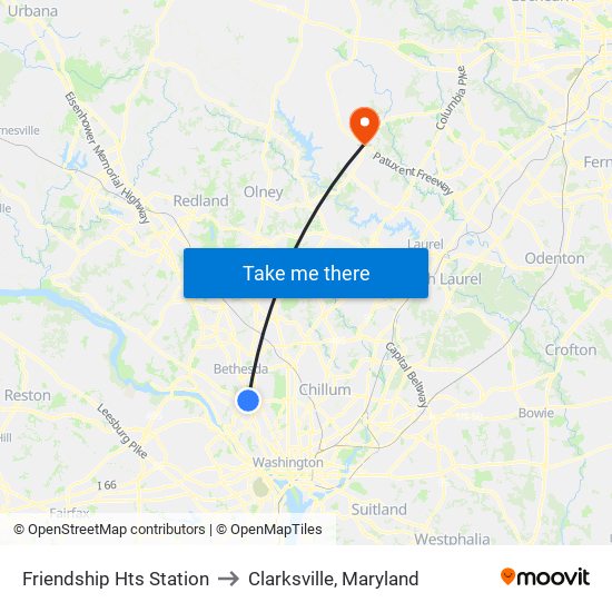 Friendship Hts Station to Clarksville, Maryland map