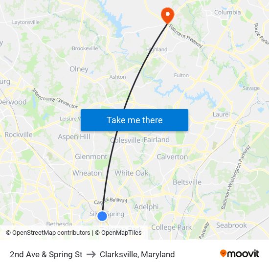 2nd Ave & Spring St to Clarksville, Maryland map