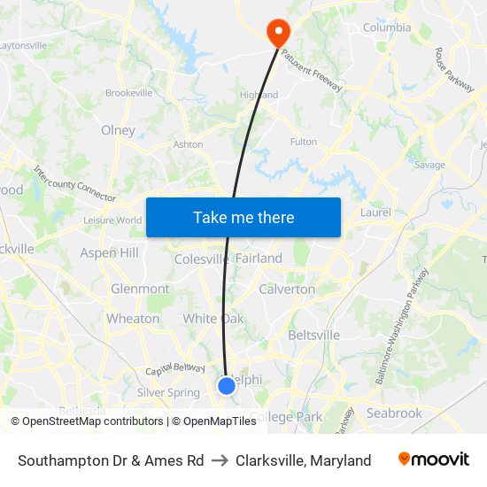 Southampton Dr & Ames Rd to Clarksville, Maryland map