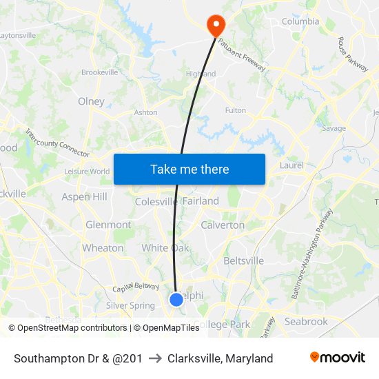 Southampton Dr & @201 to Clarksville, Maryland map