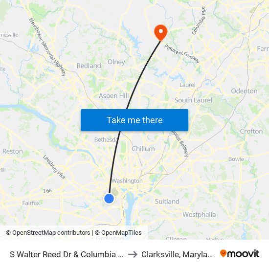 S Walter Reed Dr & Columbia Pi to Clarksville, Maryland map