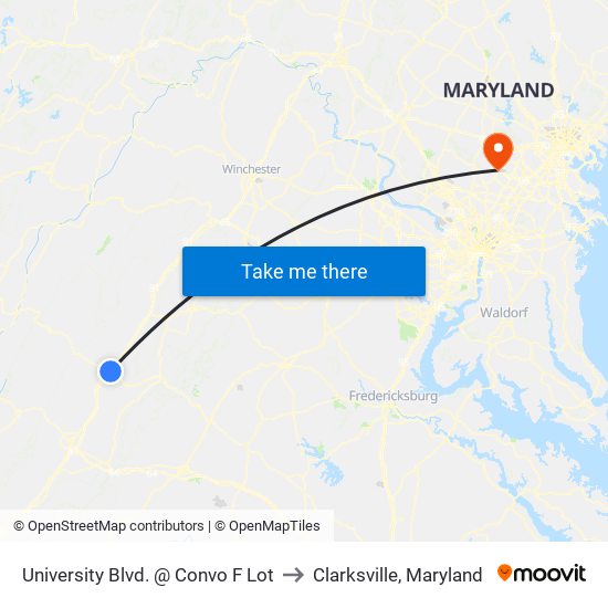 University Blvd. @ Convo F Lot to Clarksville, Maryland map