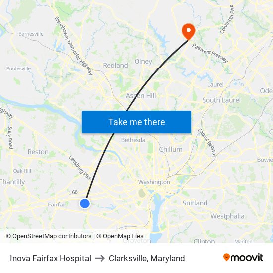Inova Fairfax Hospital to Clarksville, Maryland map