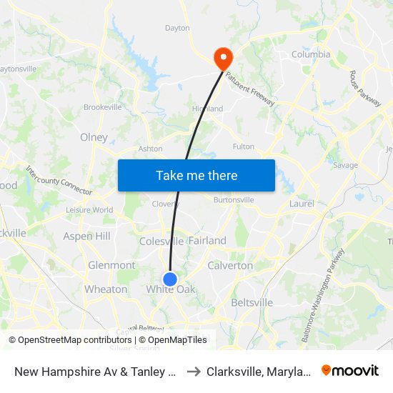 New Hampshire Av & Tanley Rd to Clarksville, Maryland map