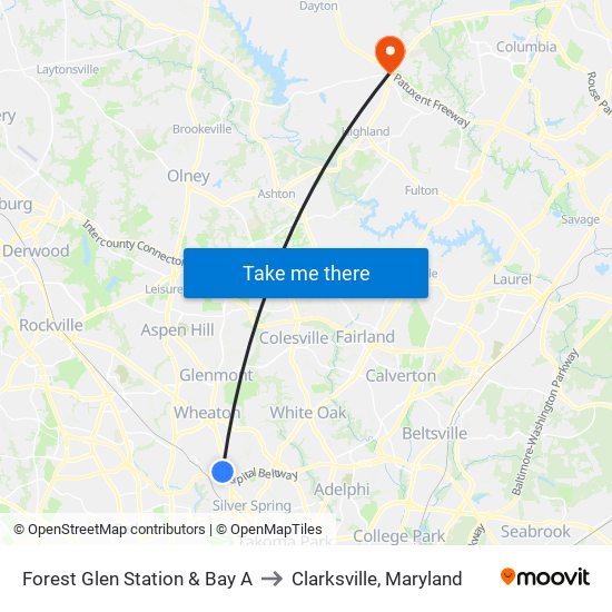 Forest Glen Station & Bay A to Clarksville, Maryland map