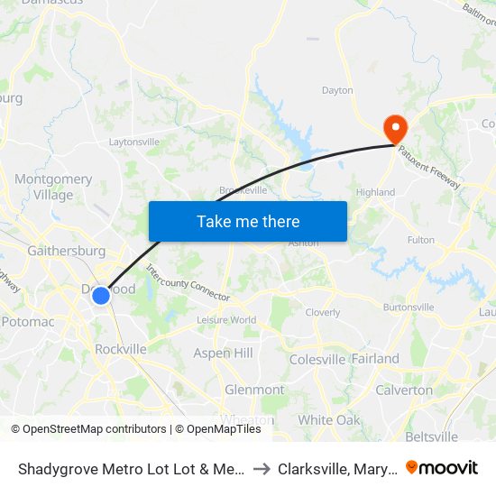 Shadygrove Metro Lot Lot & Metro Lot to Clarksville, Maryland map