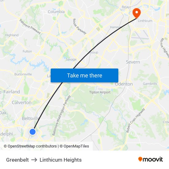 Greenbelt to Linthicum Heights map