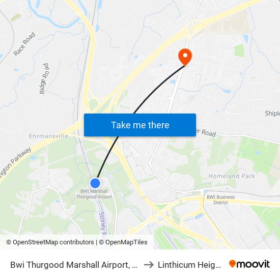 Bwi Thurgood Marshall  Airport, Md to Linthicum Heights map