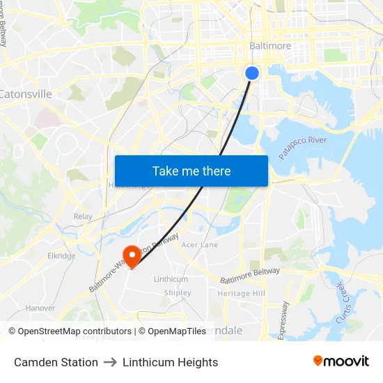 Camden Station to Linthicum Heights map