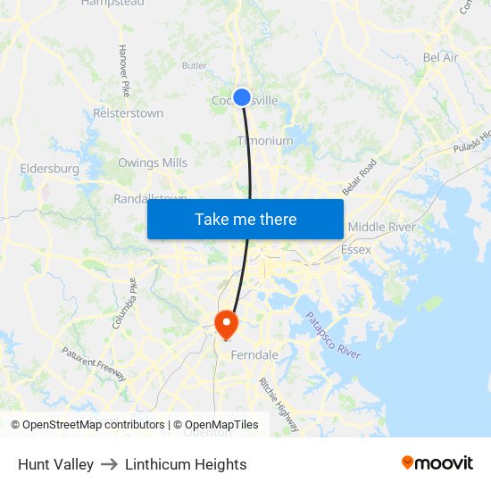 Hunt Valley to Linthicum Heights map