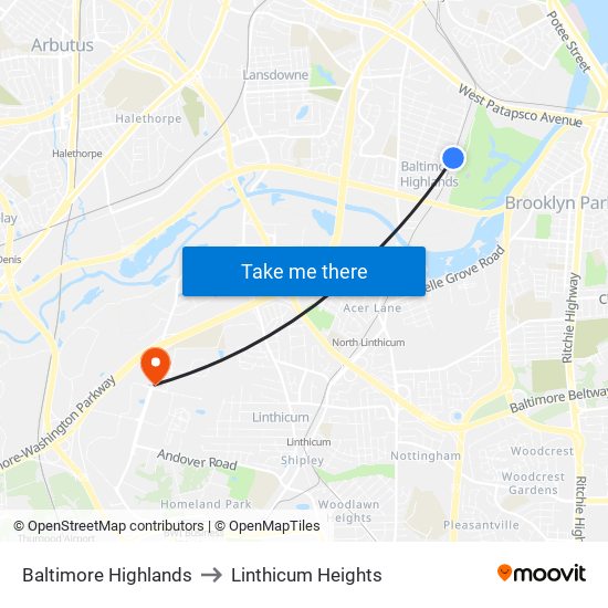 Baltimore Highlands to Linthicum Heights map