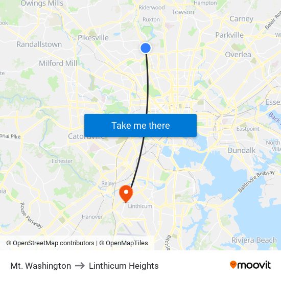 Mt. Washington to Linthicum Heights map