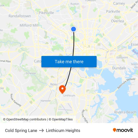 Cold Spring Lane to Linthicum Heights map