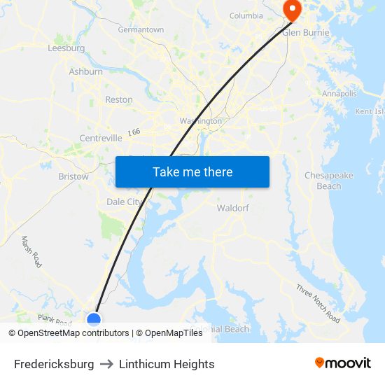 Fredericksburg to Linthicum Heights map