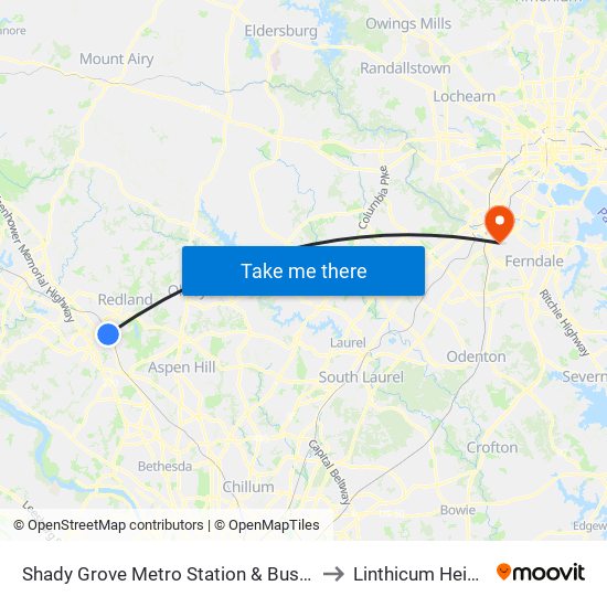 Shady Grove Metro Station & Bus Bay C to Linthicum Heights map