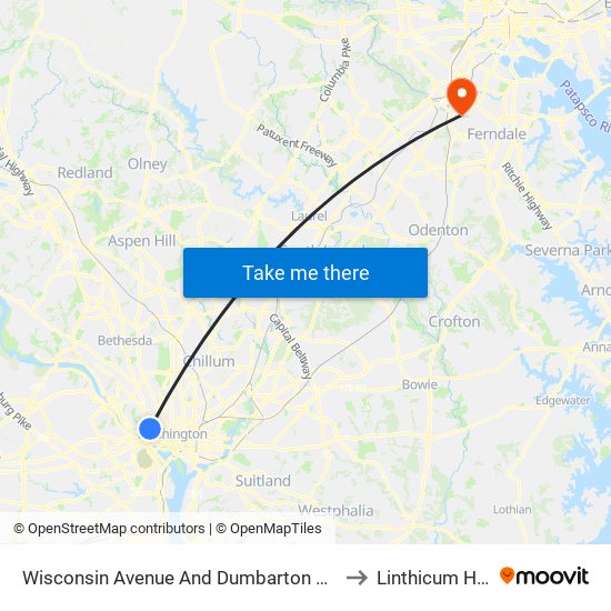 Wisconsin Avenue And Dumbarton Street NW (Nb) to Linthicum Heights map