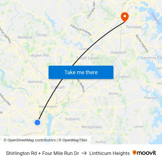 Shirlington Rd + Four Mile Run Dr to Linthicum Heights map