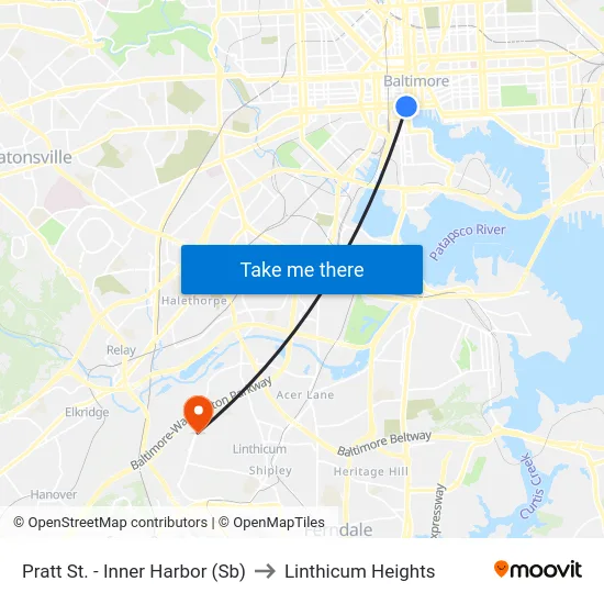 Pratt St. - Inner Harbor (Sb) to Linthicum Heights map