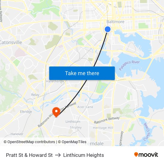 Pratt St & Howard St to Linthicum Heights map