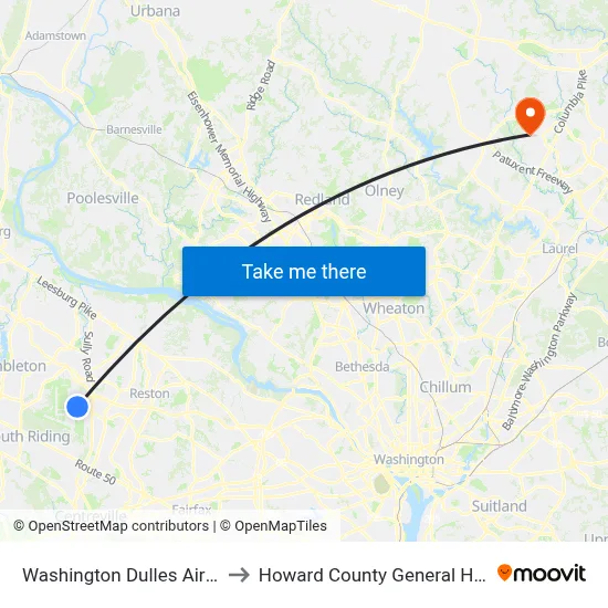 Washington Dulles Airport (IAD) to Howard County General Hospital E.R. map