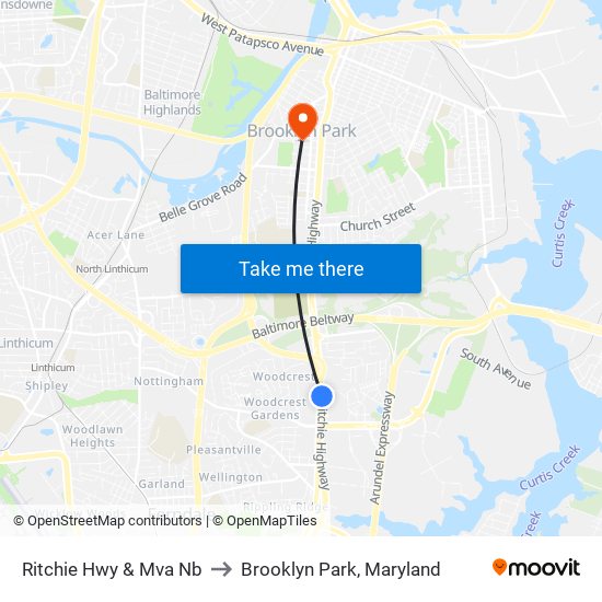 Ritchie Hwy & Mva Nb to Brooklyn Park, Maryland map