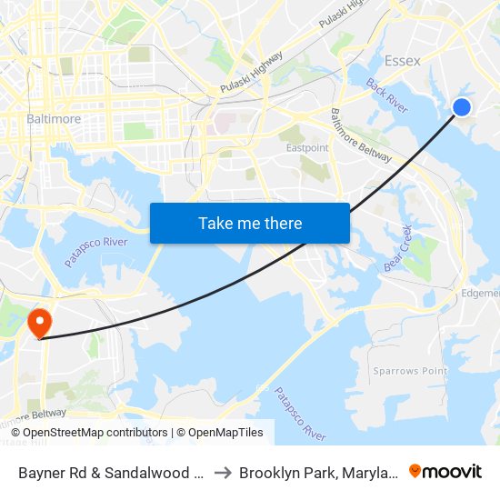 Bayner Rd & Sandalwood Rd to Brooklyn Park, Maryland map