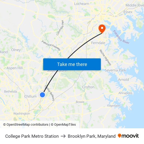 College Park Metro Station to Brooklyn Park, Maryland map