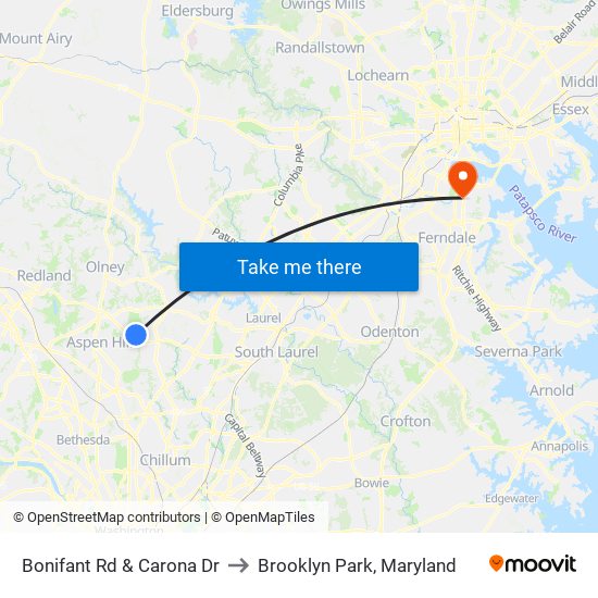 Bonifant Rd & Carona Dr to Brooklyn Park, Maryland map