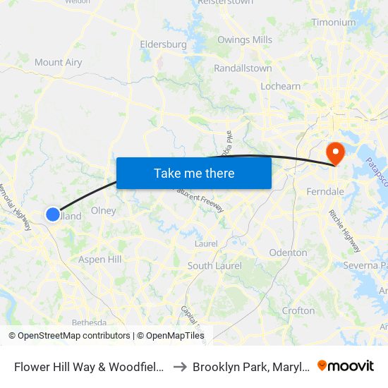 Flower Hill Way & Woodfield Rd to Brooklyn Park, Maryland map