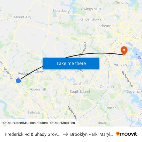 Frederick Rd & Shady Grove Rd to Brooklyn Park, Maryland map