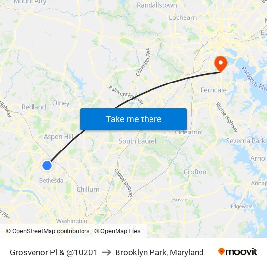 Grosvenor Pl & @10201 to Brooklyn Park, Maryland map