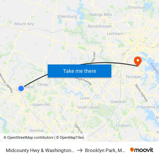 Midcounty Hwy & Washington Grove Ln to Brooklyn Park, Maryland map